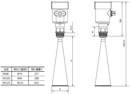 喇叭口雷達液位計RD708外形尺寸圖